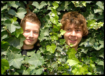 2 teenagers heads poking out through an ivy hedge